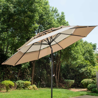 MAISON ARTS 10ft 3 Tier Auto-tilt Patio Umbrella Outdoor Double Vented Umbrella with LED Lights