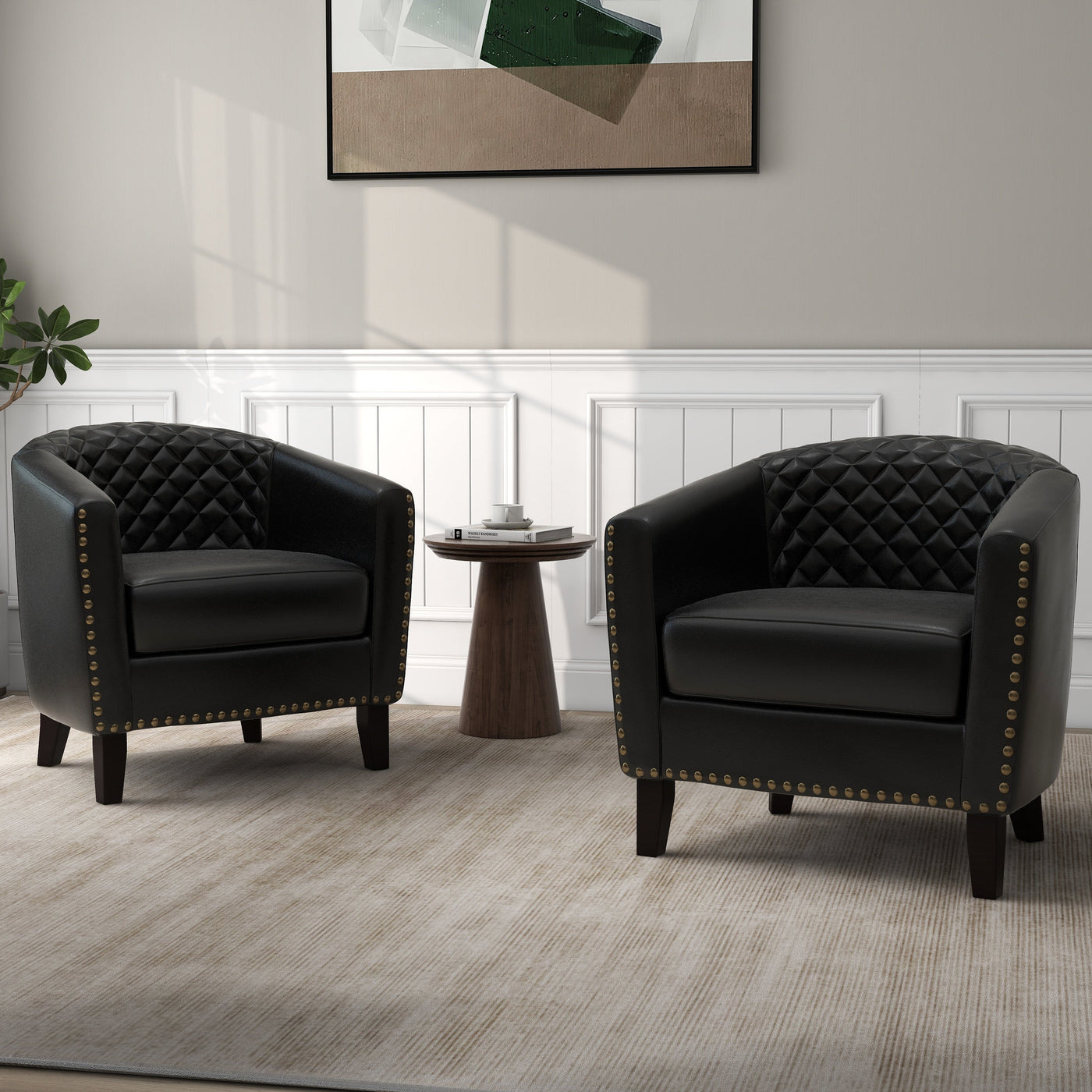 2 Set 29 W Vegan Leather Barrel Accent Chairs with Nailheads Trim