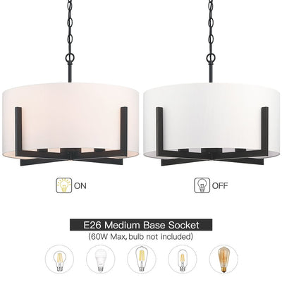 22 in. 4-Light Matte Black Chandelier Pendant Light with White Drum Shade - 22W