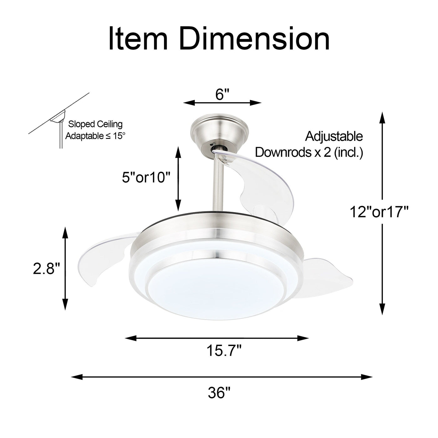 Bella Depot 36 Modern Retractable Ceiling Fan with Led Light, 6-Speed Reversible Blades with Remote