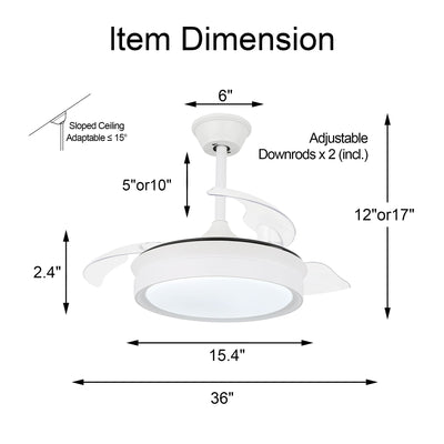 Bella Depot 36 Modern Retractable Ceiling Fan with Led Light, 6-Speed Reversible Blades with Remote