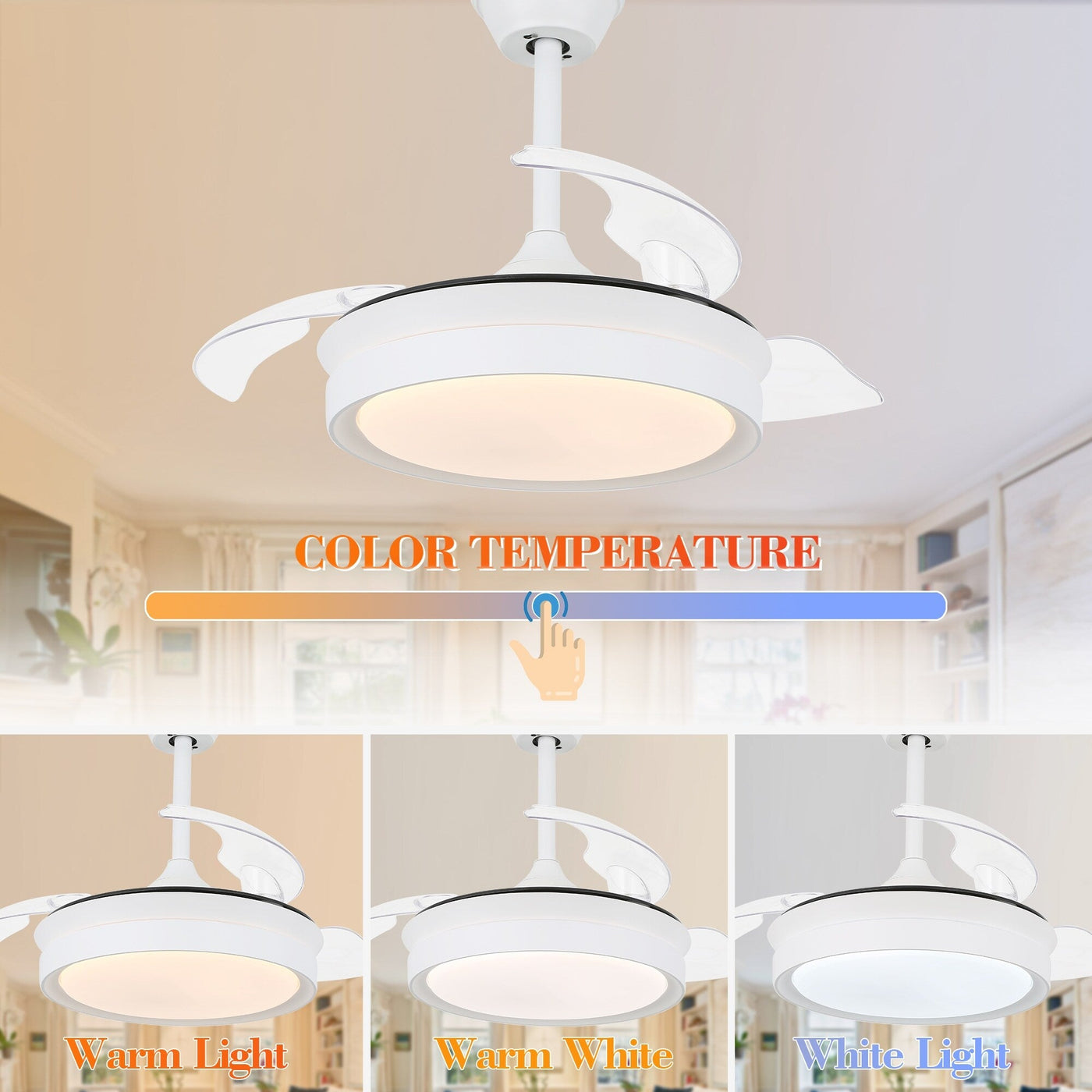 Bella Depot 36 Modern Retractable Ceiling Fan with Led Light, 6-Speed Reversible Blades with Remote