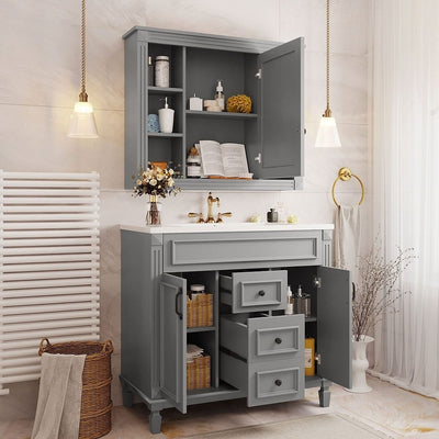 36'' Modern Bathroom Vanity with Top Sink and Mirror Cabinet,2 Doors and 2 Drawers