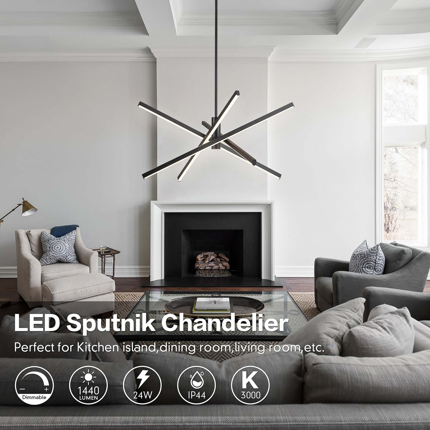 Black/ Gold Modern Aluminum LED Chandelier Linear Sputnik Ceiling Pendant Light for Living/ Dining Room/ Kitchen