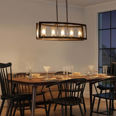 5-Light Mid-Century Modern Industrial Linear Kitchen Island Pendant Vintage Rectangle Glass Chandelier