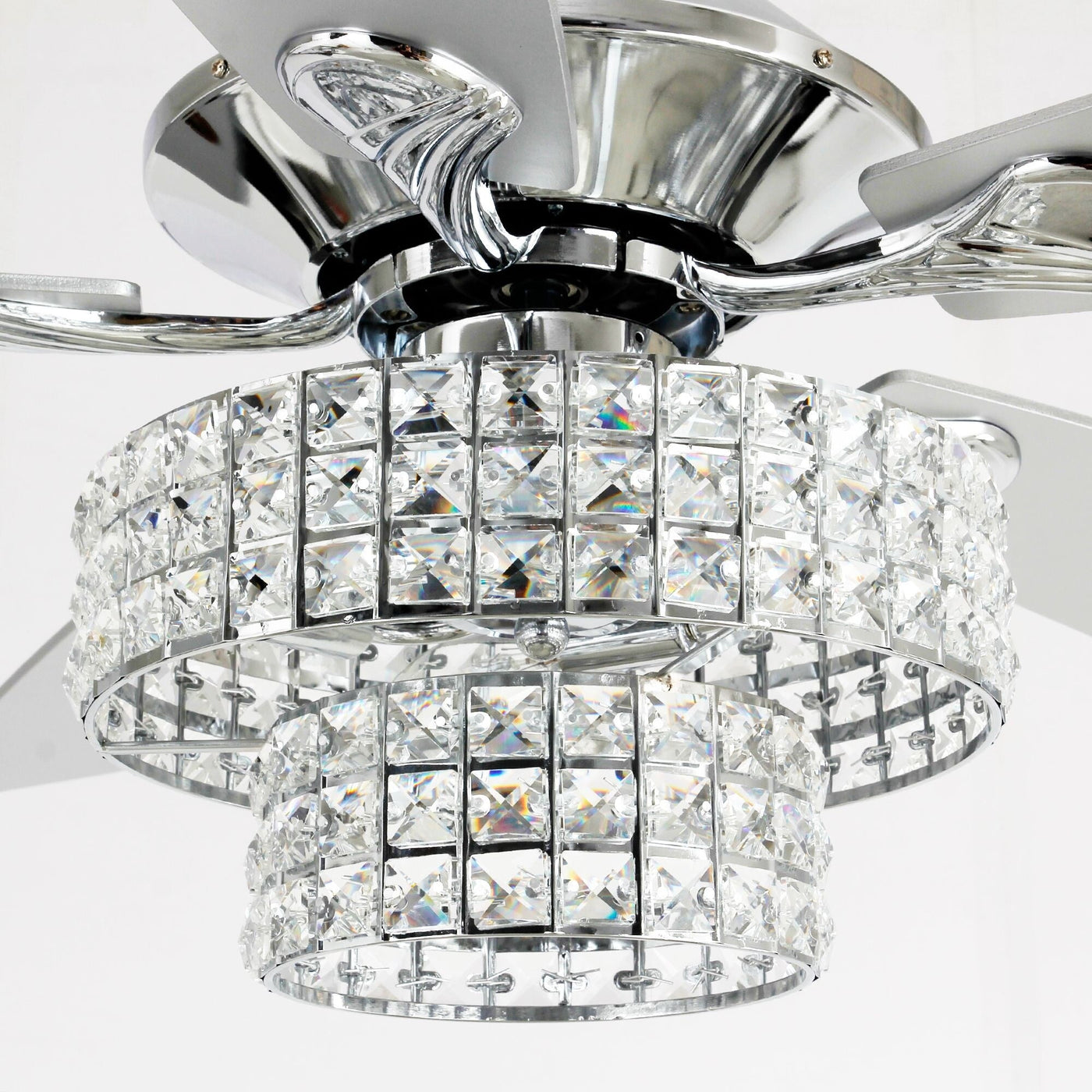 52-inch Chrome Wooden 5-blade Modern Crystal Ceiling Fan with Remote