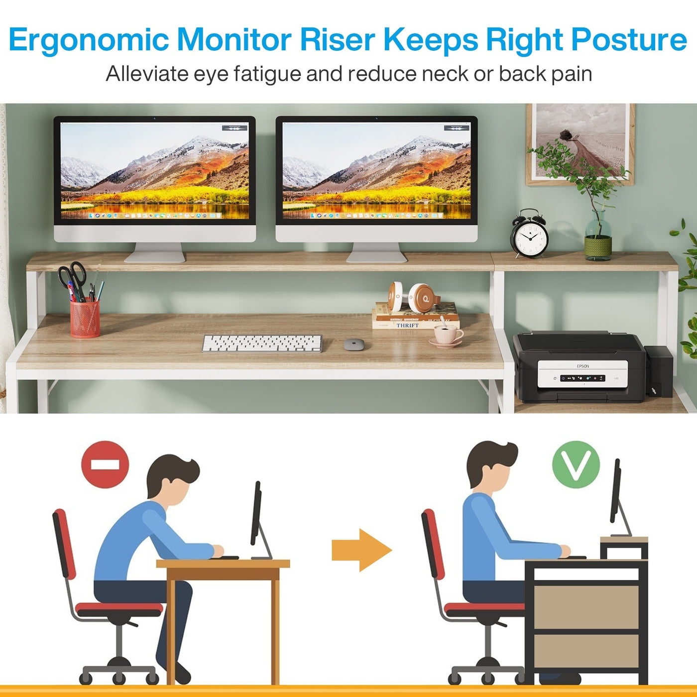 63 Computer Desk with Monitor Stand, Ergonomic Home Office Desks with Drawers File Cabinet
