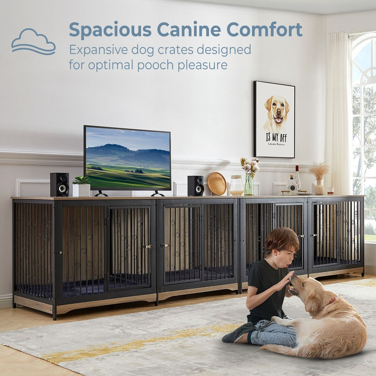70.86'' Dog Crate Furniture Large Breed TV Stand with Cushion & Double Rooms (No Cushion)