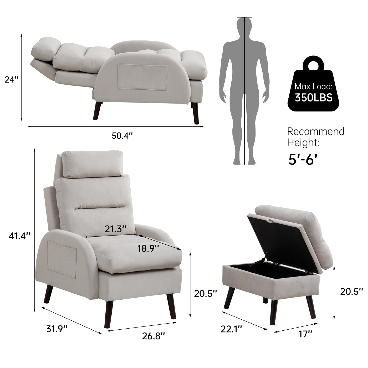 HOMYKA Accent Lounge Chair with Adjustable Backrest Storage Ottoman