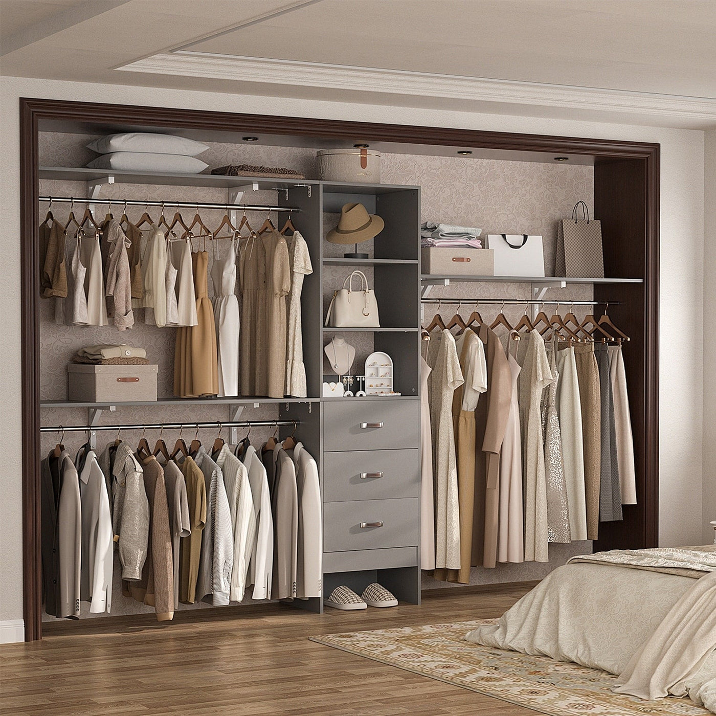 Rackcog 120'' Adjustable Closet Organizer with Drawers, Closet System with DIY Shelves for Reach-in and Walk-in Closet