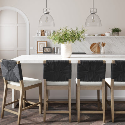 Beacon Bohemian Boucle Bar Stool, Upholstered Counter Height Chair with Solid Wood Frame and Woven Seagrass Back