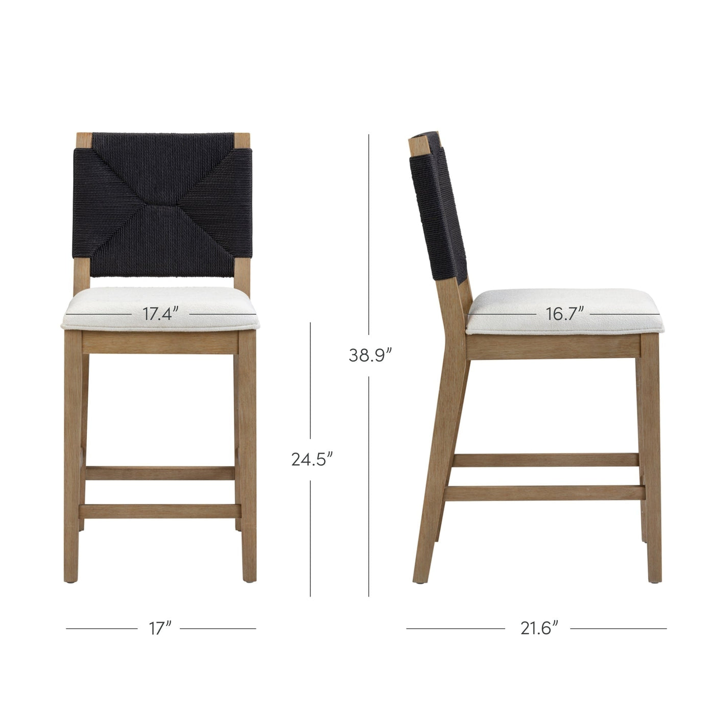 Beacon Bohemian Boucle Bar Stool, Upholstered Counter Height Chair with Solid Wood Frame and Woven Seagrass Back