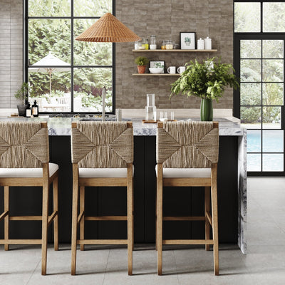 Beacon Bohemian Boucle Bar Stool, Upholstered Counter Height Chair with Solid Wood Frame and Woven Seagrass Back