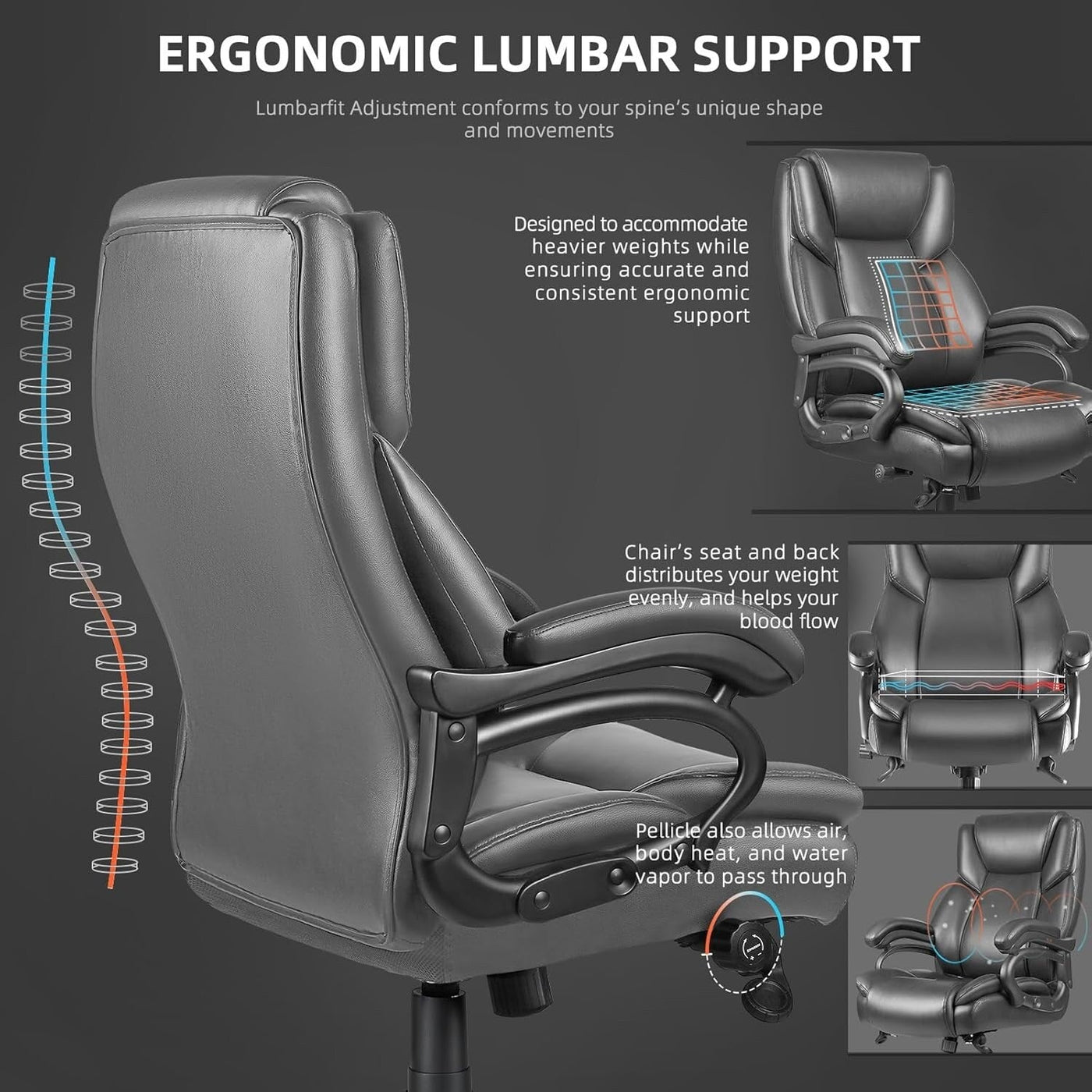 Bossin Big and Tall Executive Office Chair,500LBS Adjustable Lumbar Support Ergonomic Chair with High Back PU Leather Computer