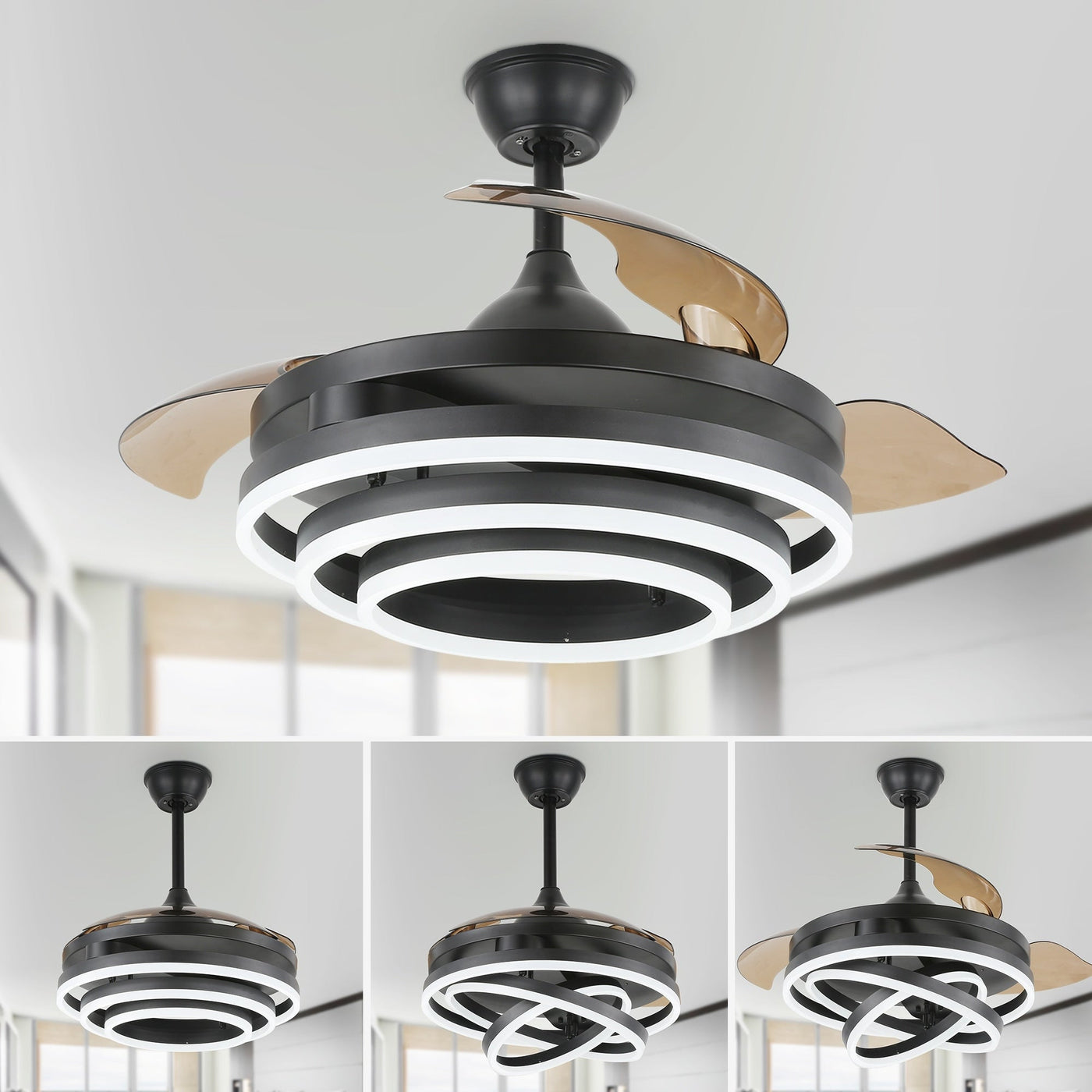 Cusp Barn 42 Retractable Ceiling Fan with Lights and Remote DIY Shape Fandelier Modern Silent DC Motor LED Ceiling Light