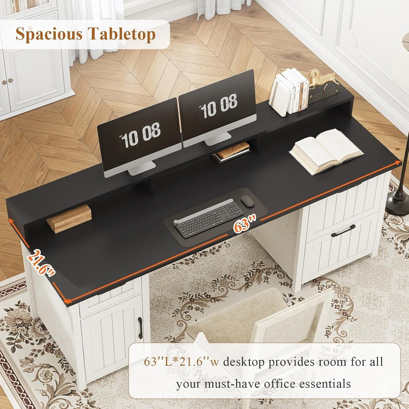 Farmhouse Executive Desk Home Office Desk File Drawer Monitor Stand Power Outlet