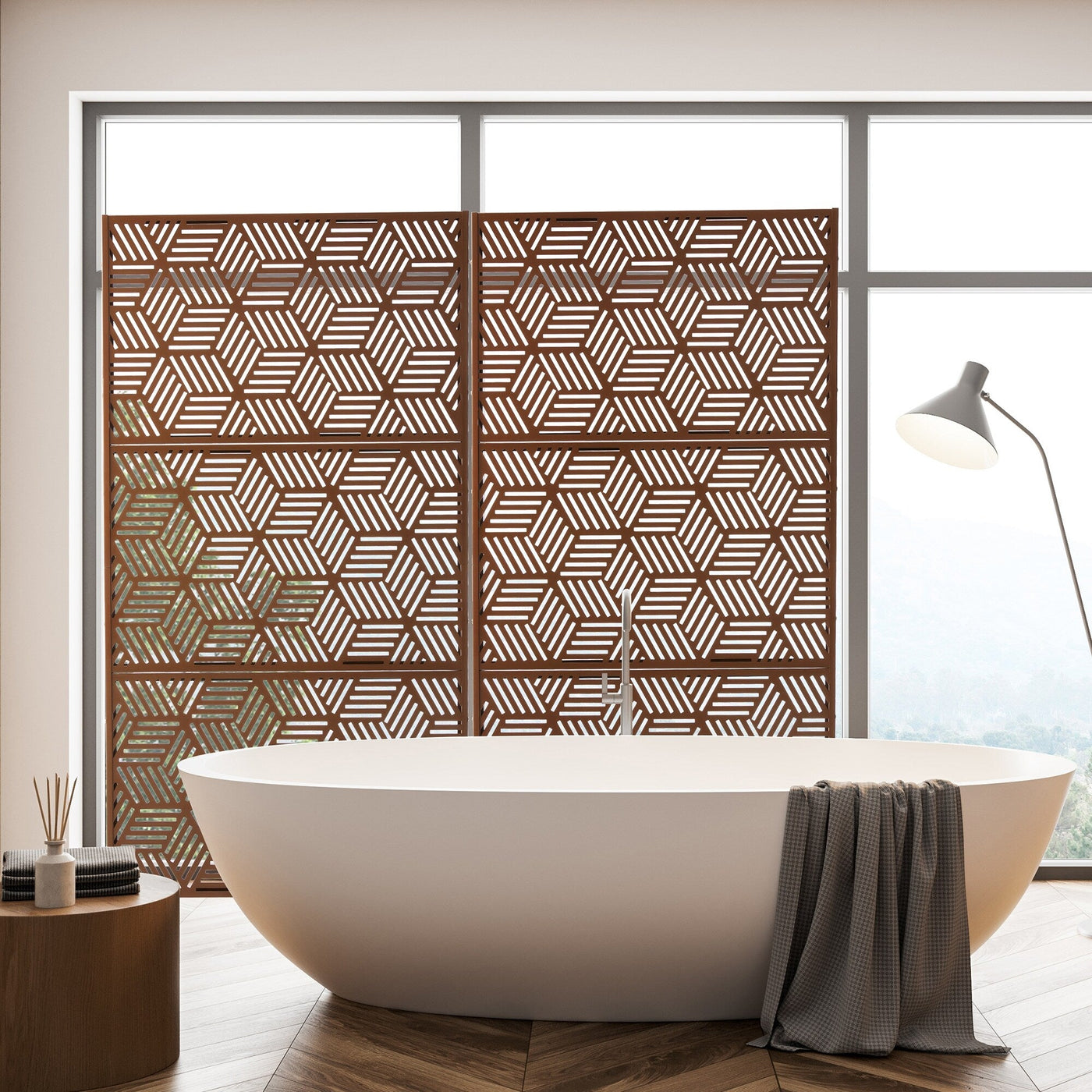 Glitzhome 6ft Galvanized Floral Patterned 3-Panel Privacy Screen Room Divider Fences