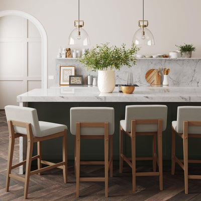 Gracie Modern Bar Stool, Boucle Upholstered Chair and Brushed Wooden Legs