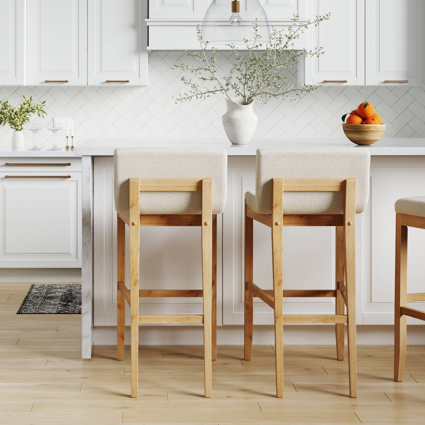 Gracie Modern Bar Stool, Boucle Upholstered Chair and Brushed Wooden Legs