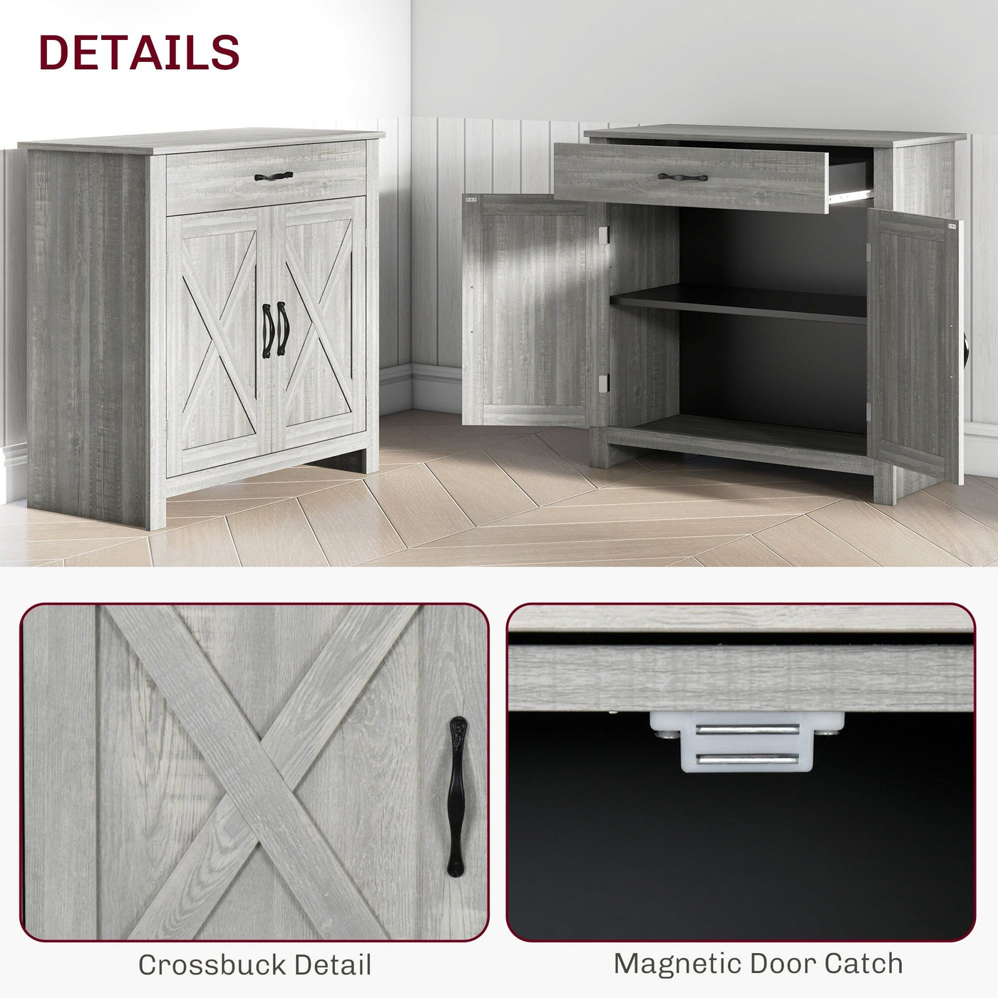 HOMCOM 32 Farmhouse Barn Door Style Sideboard Cabinet,Buffet Storage Cabinet Coffee Bar for Living Room or Entryway