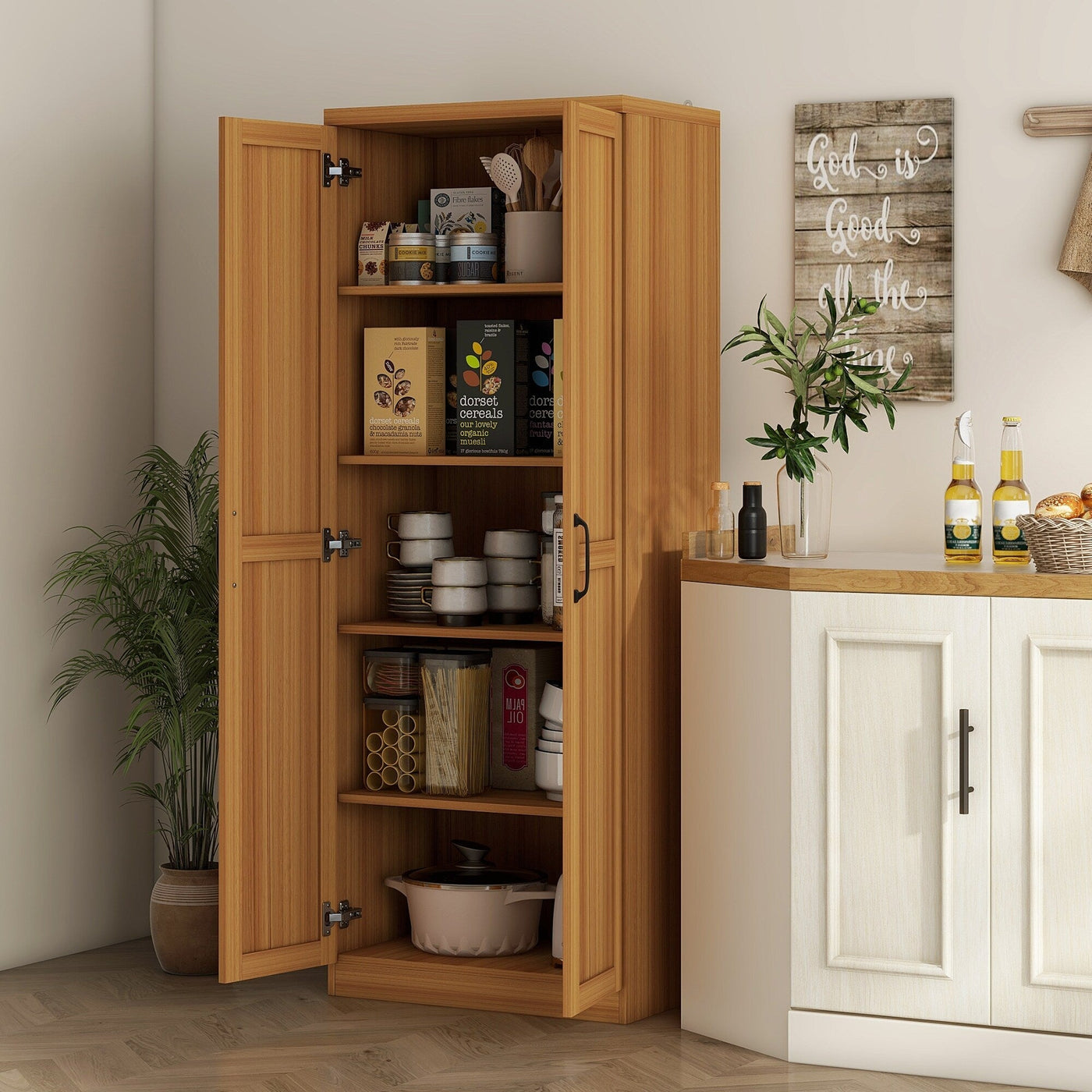 HOMCOM 63 2-Door Kitchen Pantry, Freestanding Storage Cabinet with 5-tier Shelving and 2 Adjustable Shelves for Dining Room