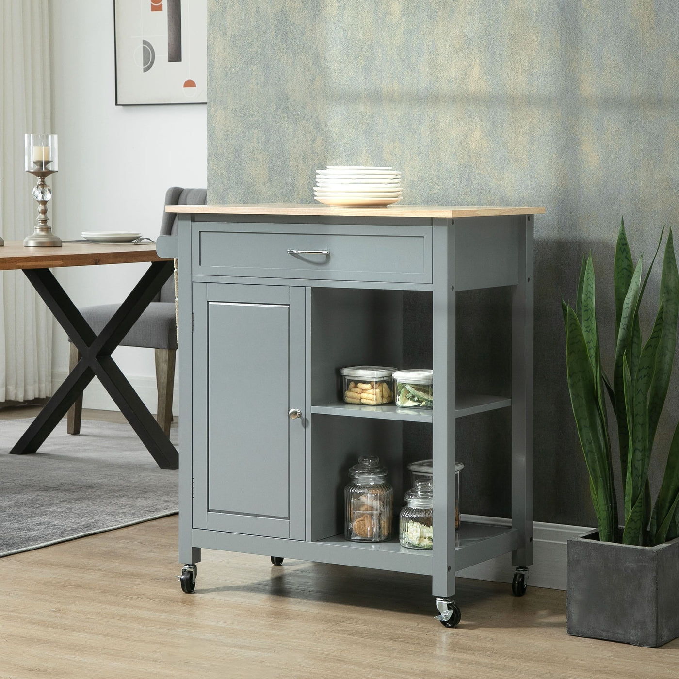 HOMCOM Kitchen Trolley, Wood Top Utility Cart on Wheels with Open Shelf and Storage Drawer for Dining Room, Kitchen