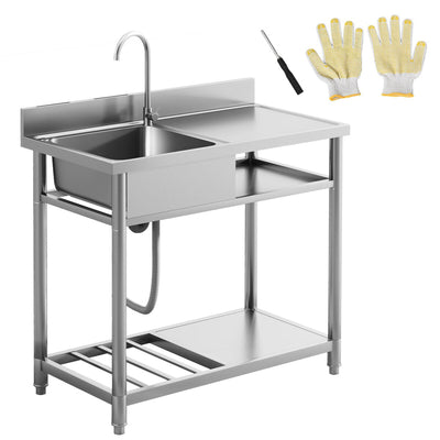 HOMCOM Outdoor Utility Sink, Deep Stainless Steel Sink, Free Standing Single Bowl Kitchen Sink, 39 Inch - 39 Inch