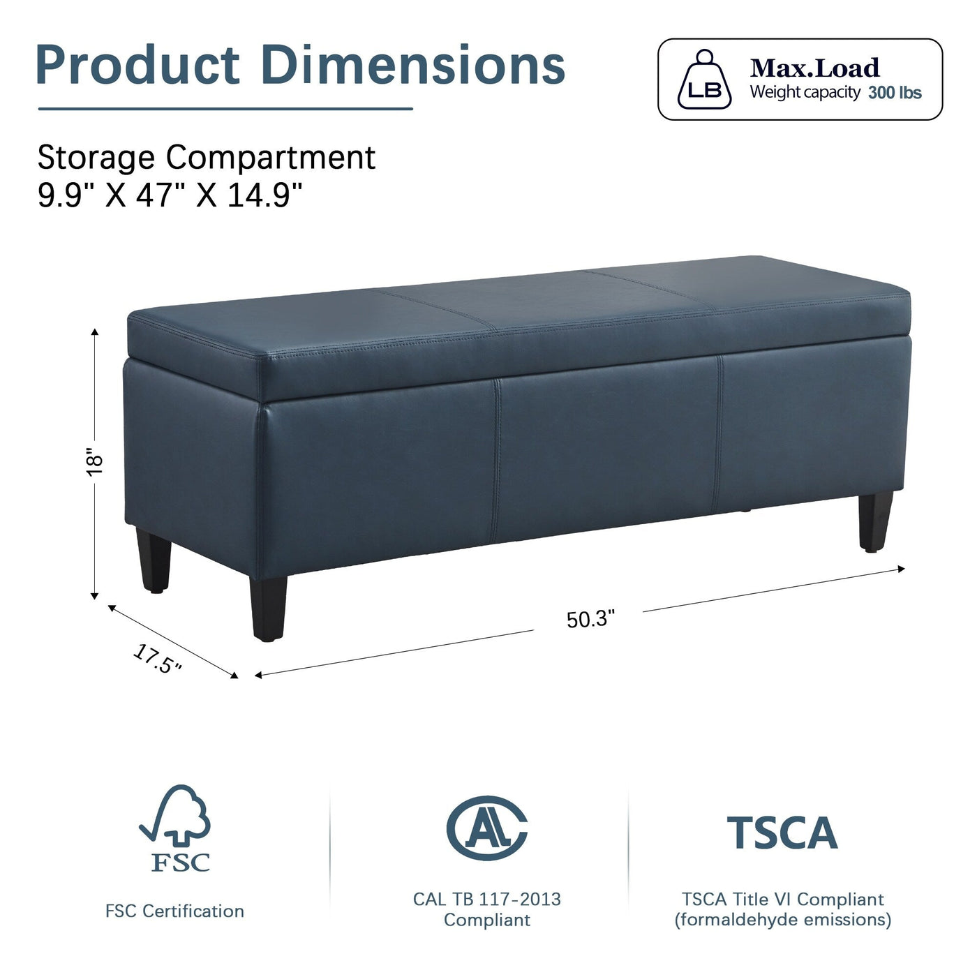 50.3 x 17.50 x 18 Upholstered Rectangular Storage Ottoman-Faux Leather