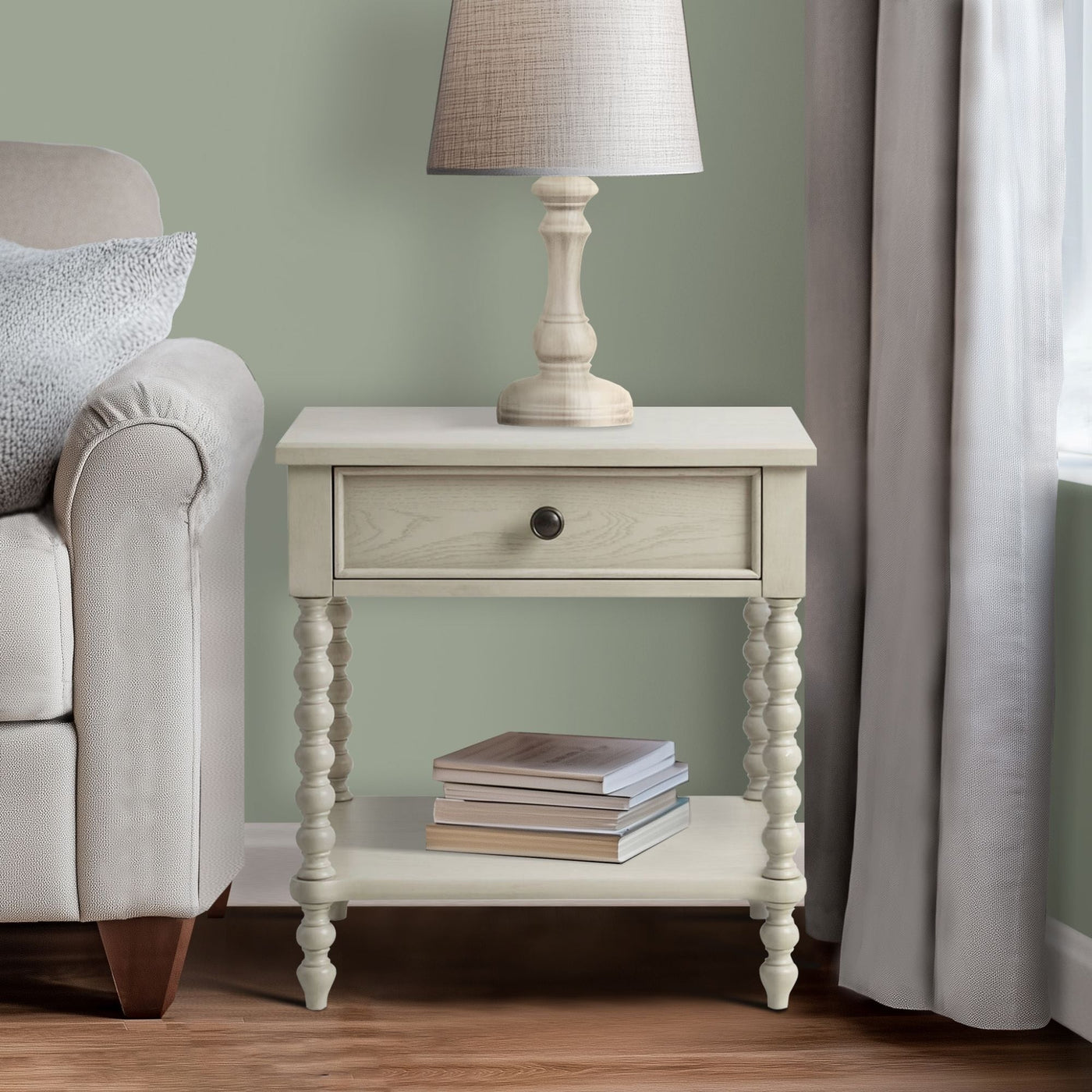 Madison Park Signature Beckett Turned Wood Spindle Nightstand with Drawer & Shelf
