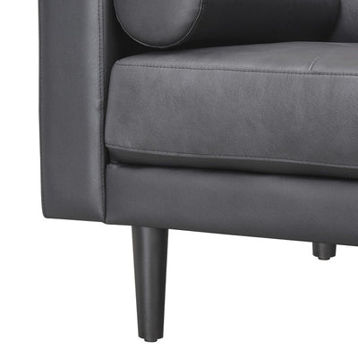 Modern Genuine Leather Sofa with Wooden Legs & Additional Bolster Pillow