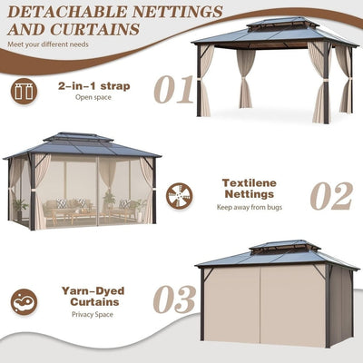 EROMMY Hardtop Gazebo,Outdoor Pergola with Double Roof & Netting & Curtains,Heavy Duty Canopy for Patio, Backyard, Pool party