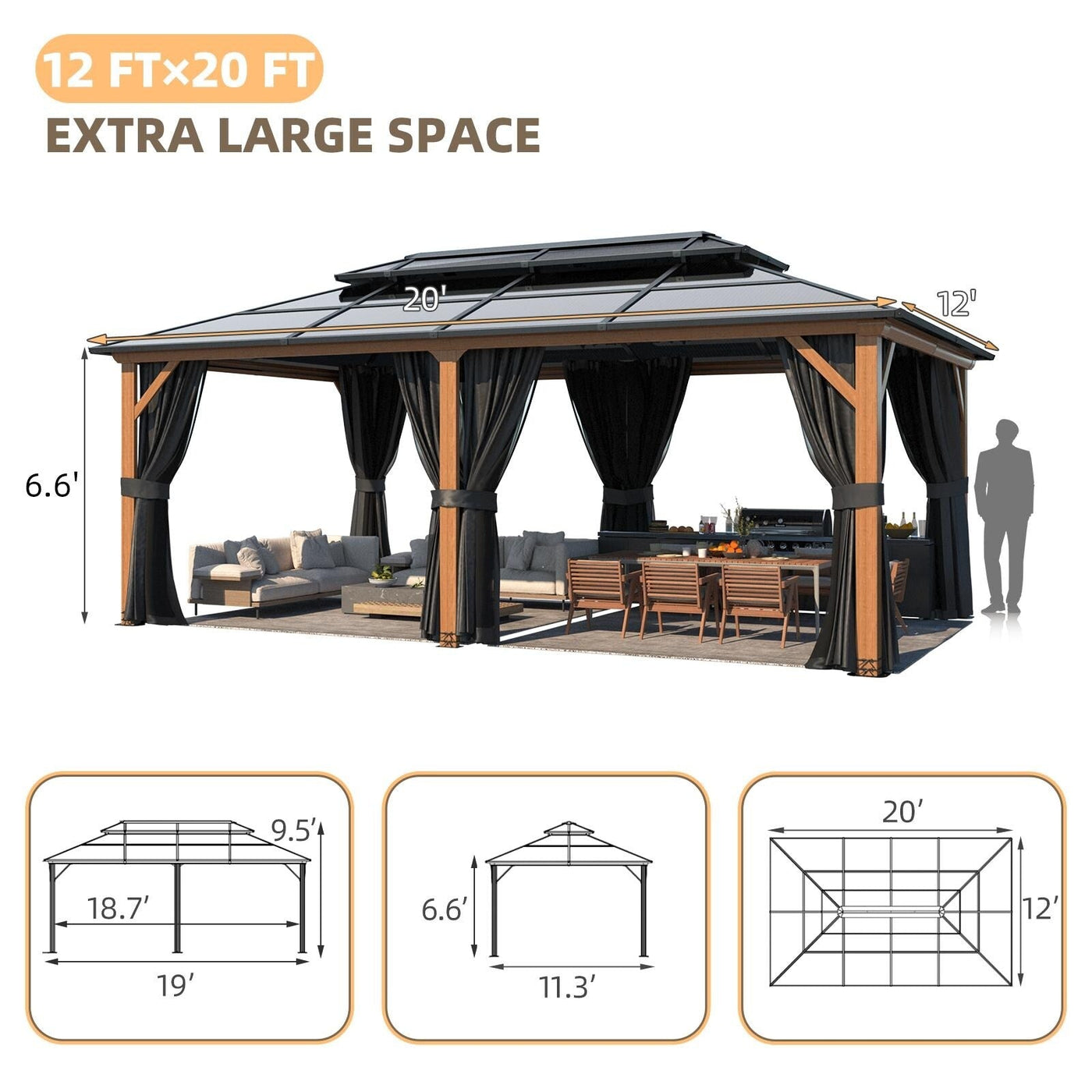 EROMMY Hardtop Gazebo,Outdoor Pergola with Double Roof & Netting & Curtains,Heavy Duty Canopy for Patio, Backyard, Pool party