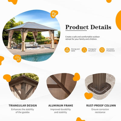 Hardtop Gazebo for Backyard – Permanent Pergola with Netting, Curtains & Double Roof, All-Weather Outdoor Shelter