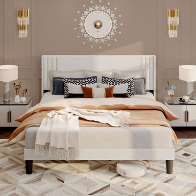 Queen/ Full Vertical Channels Upholstered Bed with Wingback Headboard
