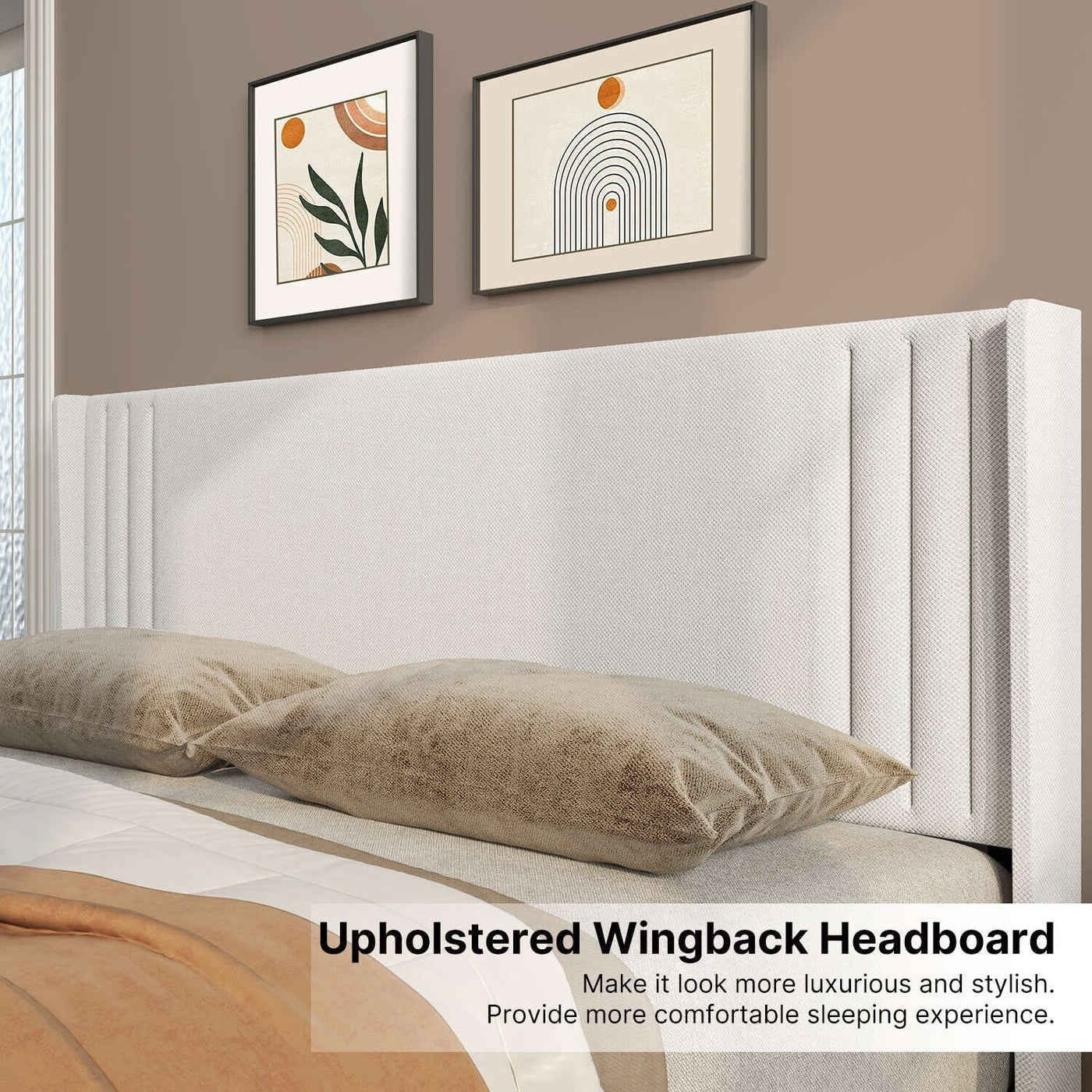 Queen/ Full Vertical Channels Upholstered Bed with Wingback Headboard