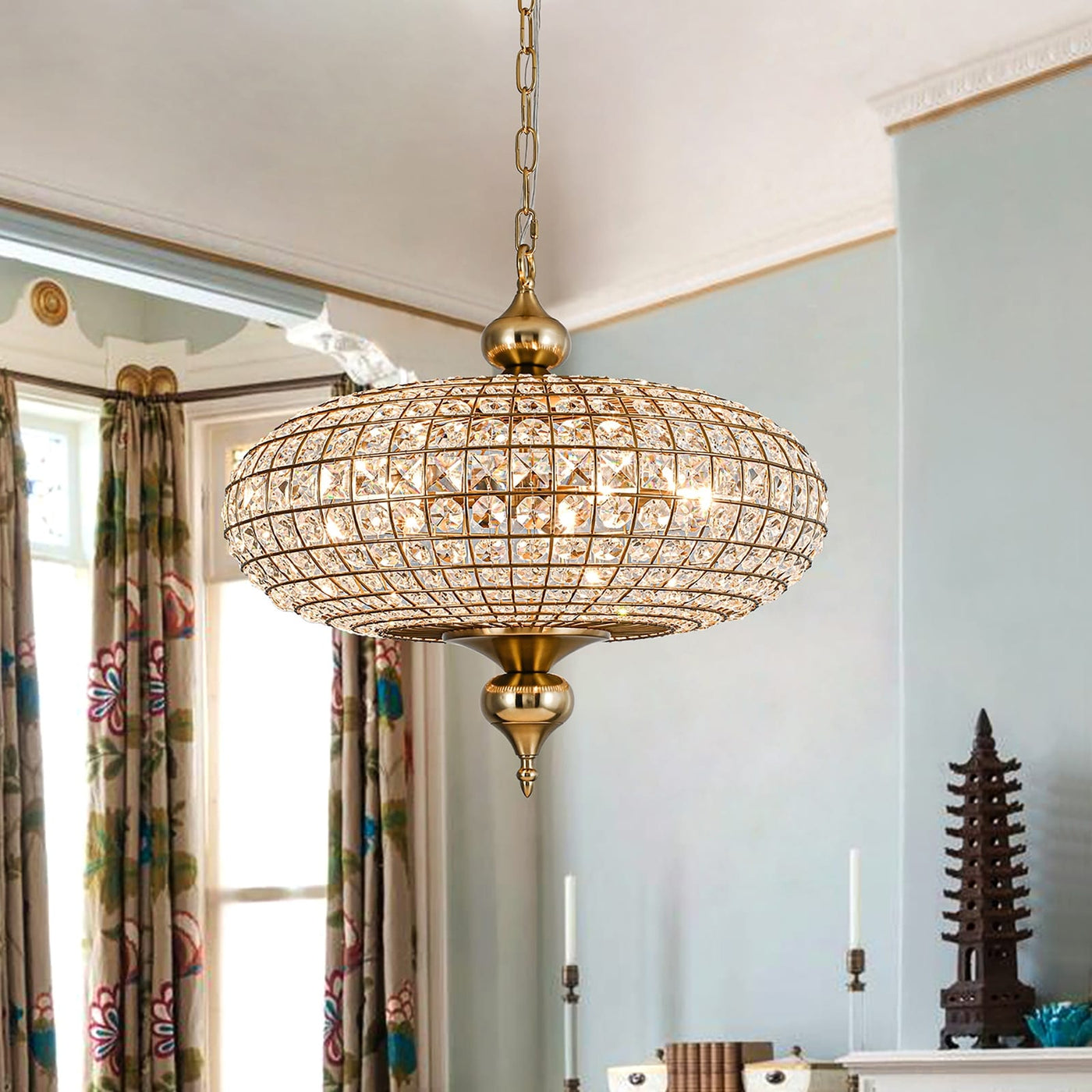 Retro French 4/5-Light Antique Brass Globe Crystal Chandelier Kitchen Island Pendant