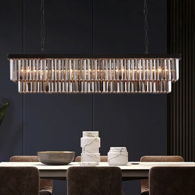 47 in. Smoked Gray and Black Modern Contemporary Crystal Chandelier 2-Tier Linear Kitchen Island Pendant Light for Dining Room