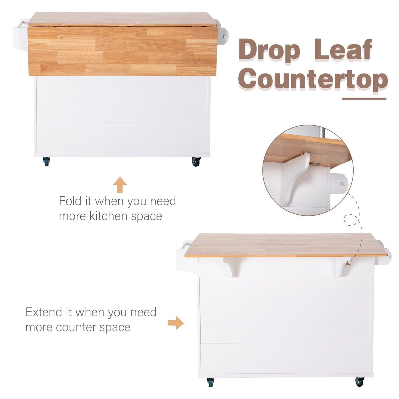 Sophia & William Kitchen Island Cart with Drop-Leaf and Rubber Wood Top, Rolling Kitchen Trolley Cart with Large Storage Cabinet