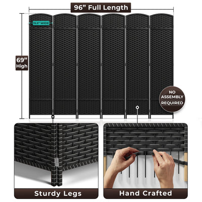 Sorbus 6 Panel Room Divider Tall Privacy Partition Screen Extra Wide Double Hinged Mesh Hand-Woven Folding Wall Divider - 6ft