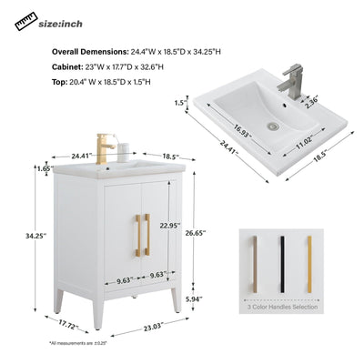 Vanity Art 20 or 24 or 30 Single Sink Bathroom Vanity Cabinet with Ceramic Top