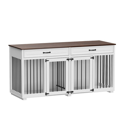 Wooden Double Dog Crate Kennel Furniture with 2 Drawers & Divider